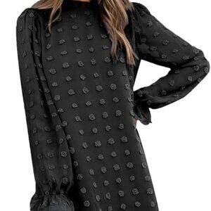 Ladies SMALL black dotted swiss A-Line dress, long sheer sleeves dress lining